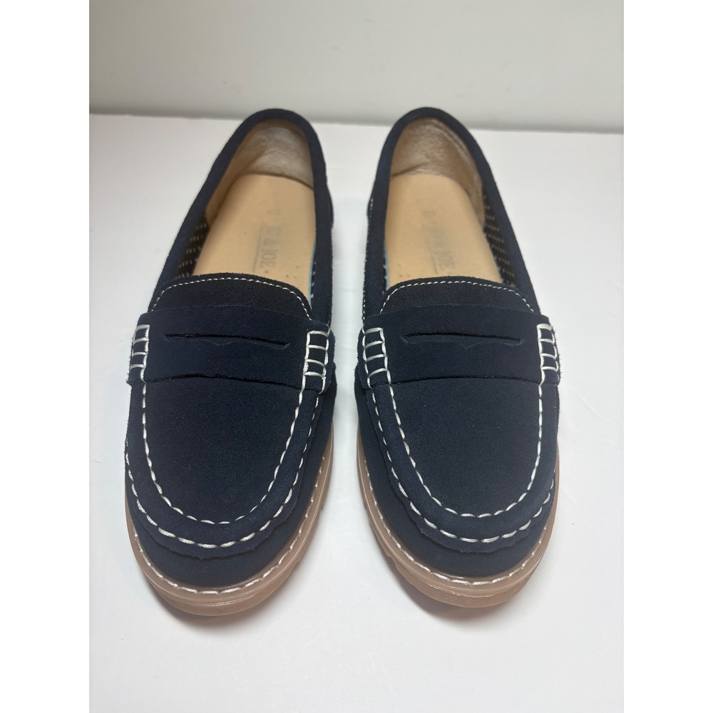Jo & Joe Navy Blue Suede Penny Loafers White Stitch Gum Sole UK 6 US 8